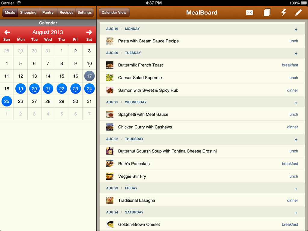 MealBoard Meal Planning App (List View)